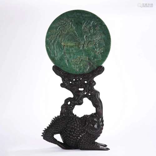 Carved Chinese Spinach Green Jade Landscape Table