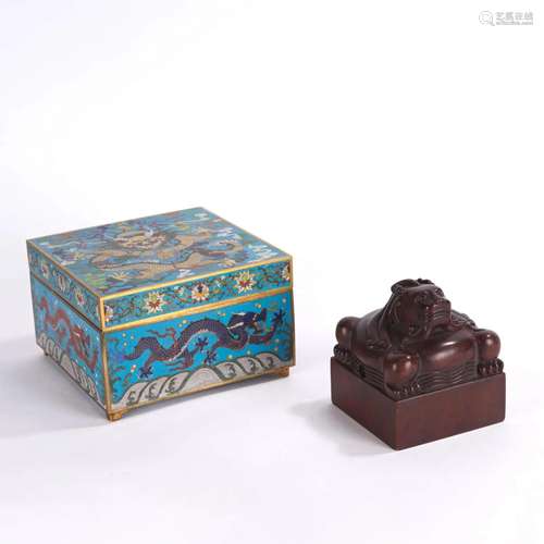 Carved Chinese Boxwood Beast Seal with CloisonnÃ©