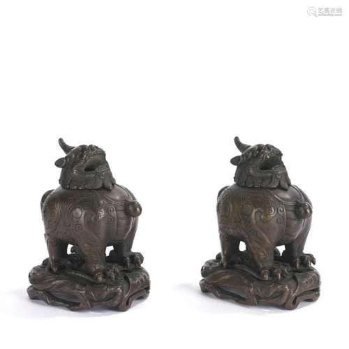 Pair of Bronze Luduan Censers