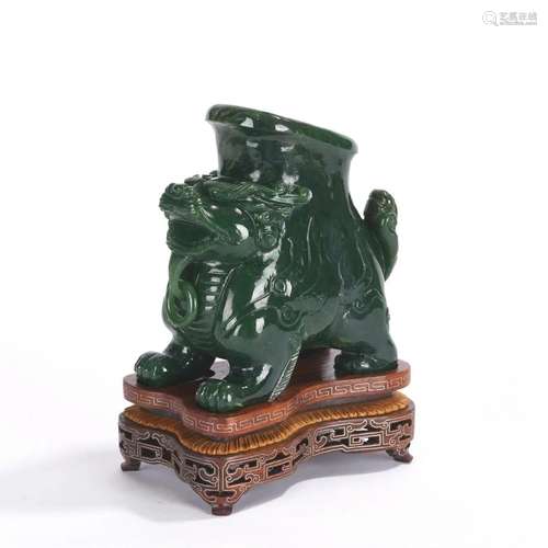 Carved Spinach Green Jade Mythical Beast Flower Vase