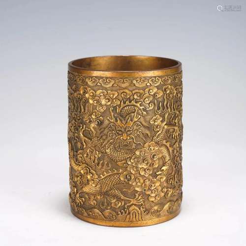 Gilt Bronze Dragon & Cloud Brush Pot