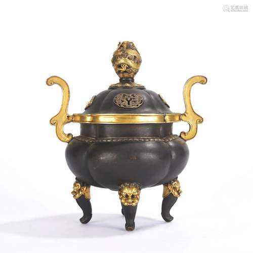 Gilt Bronze Tripod Censer & Cover