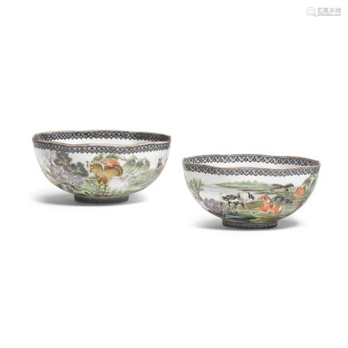 A pair of enameled eggshell porcelain 'horse' bowls