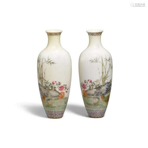 A pair of enameled eggshell porcelain 'cockerel' vases