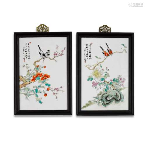 Two famille-rose 'bird and flower' plaques