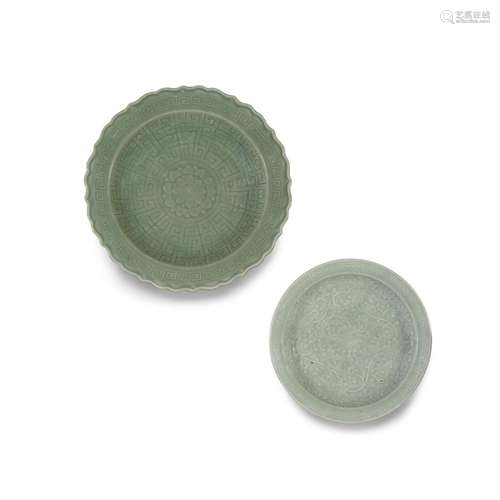 Two celadon-glazed 'floral' dishes