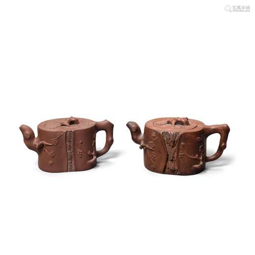 TWO YIXING 'PRUNUS' TEAPOTS AND COVERS