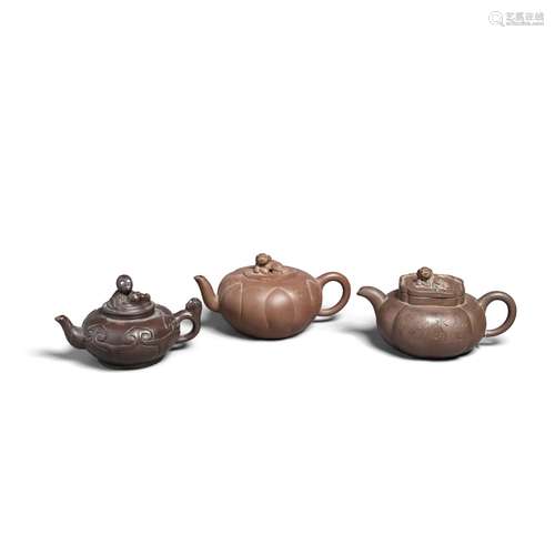 THREE YIXING TEAPOTS AND COVERS