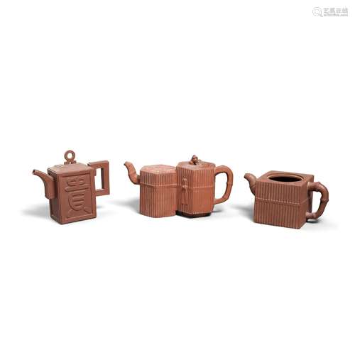 THREE YIXING TEAPOTS AND COVERS