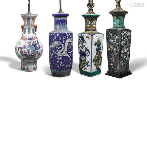 Four enameled porcelain vases, now mounted as lamps