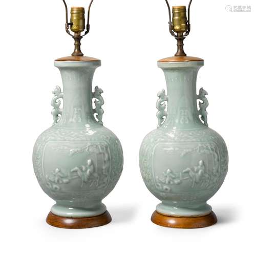 A pair of celadon-glazed vases, now mounted as lamps