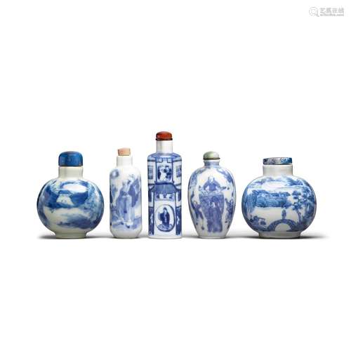 Five blue and white porcelain snuff bottles