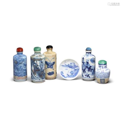 Five porcelain snuff bottles and one porcelain snuff dish