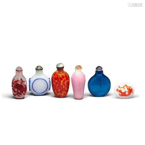 Five glass snuff bottles and one overlay glass snuff dish