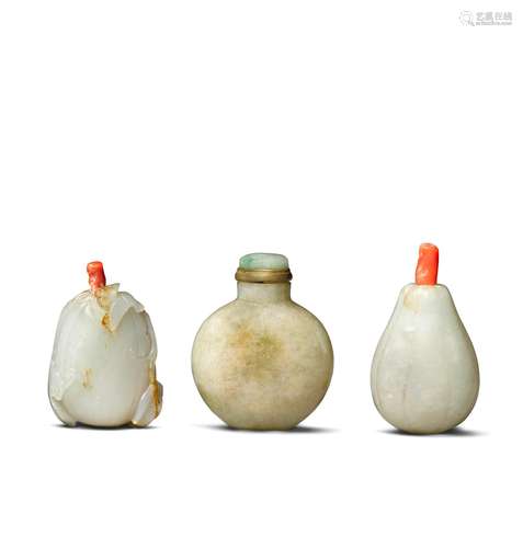 Three celadon jade snuff bottles