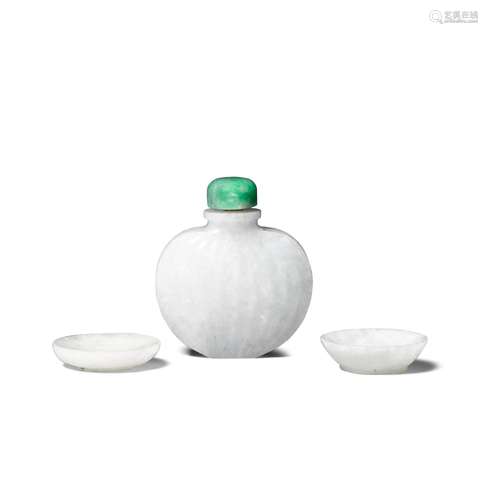 A jadeite snuff bottle and two snuff dishes