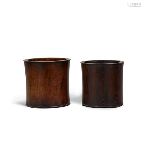 Two hardwood brushpots, Bitong