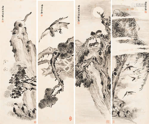 李石君（1867～1933）   指画四屏 设色纸本  镜心