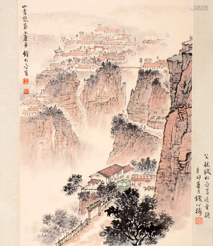 钱松嵒 山水（钱心梅题跋） 设色纸本立轴