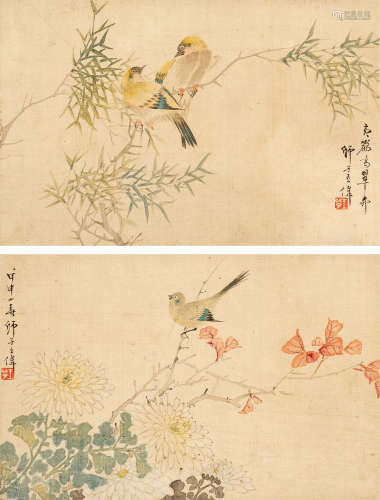 王师子（1885～1950）   花鸟双挖 设色绢本  立轴