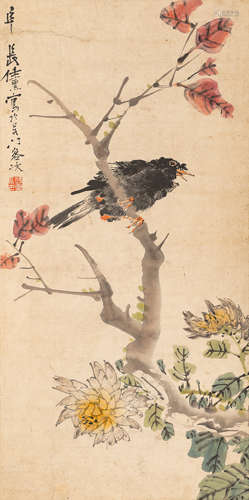 任  熏（1835～1893）   秋菊八哥 设色纸本  立轴