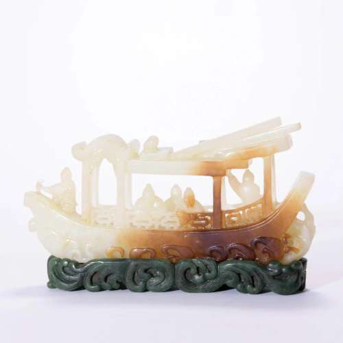 Carved Russet Jade Figure Boat