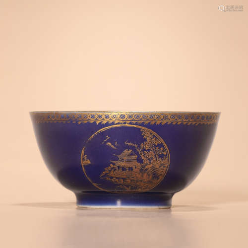 清乾隆 霁蓝描金山水碗