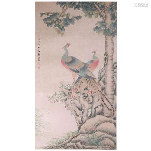 Shen Quan, Chinese Peacock Painting Scroll