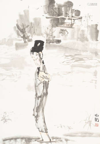 傅小石（b.1932）   执扇仕女 设色纸本  立轴