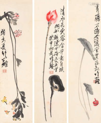 孙竹篱（1909～1989）   落花三幀 设色纸本  镜心