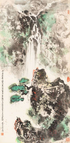 黄纯尧（1925～2007）   山林瀑布 设色纸本  立轴