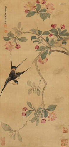 樊  圻（1616～1694）   桃花柳燕 设色绢本  立轴
