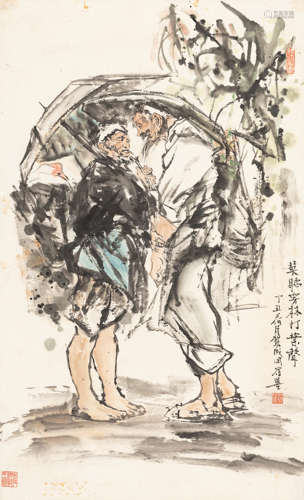 贺  成（b.1945）   莫听穿林打叶声 设色纸本  立轴