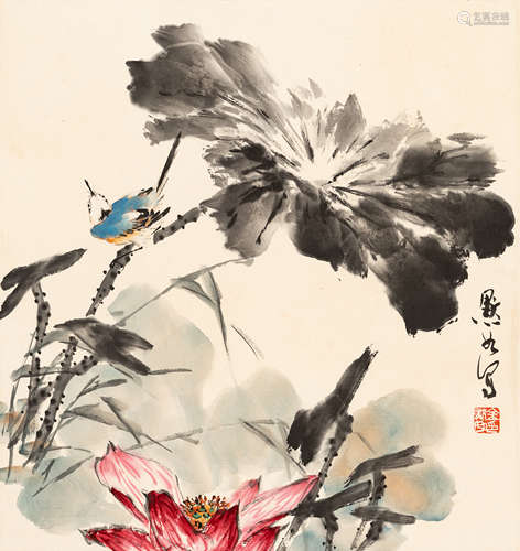 金默如（1938～2019）  芙蓉翠鸟 设色纸本  立轴