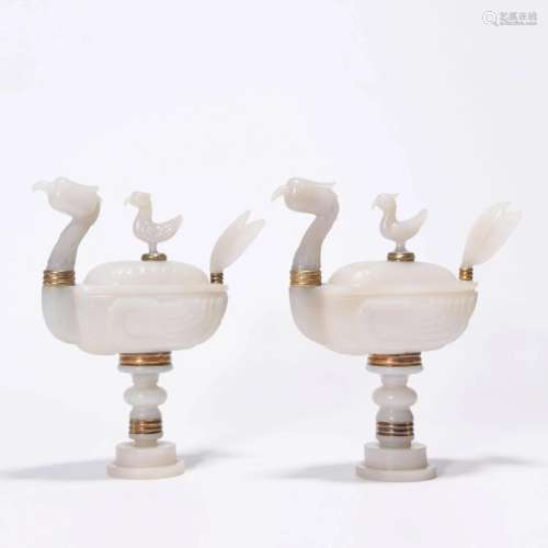 Pair of White Jade Duck Form Censers