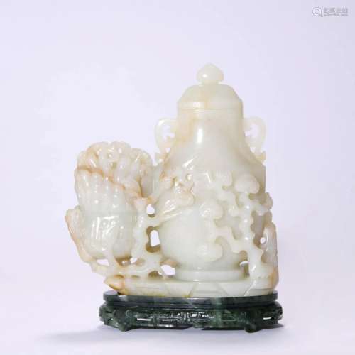 Carved Chinese White Jade Finger Citron Vase & Cover