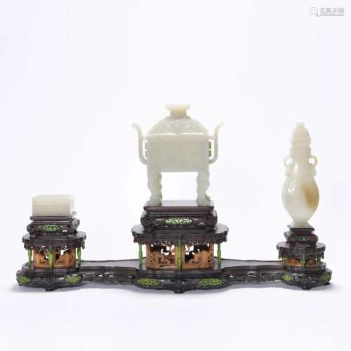 Carved Chinese White Jade Censer, Vase & Box