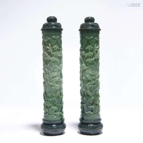 Pair of Spinach Green Jade Landscape Parfumiers