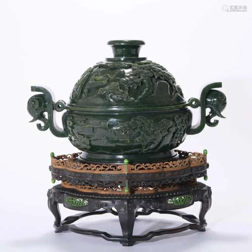 Carved Spinach Green Jade Landscape Censer