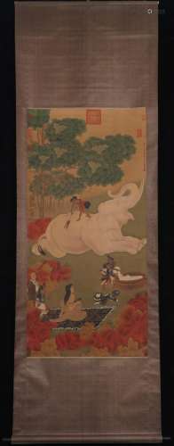 Ding Yunpeng, Chinese Elephant Silk Painting Scroll