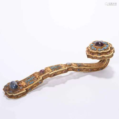 Hardstone Inlaid & Gilt Bronze Ruyi Scepter