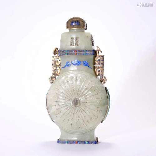 Cloisonne Enamel Inlaid White Jade Double Eared Vase