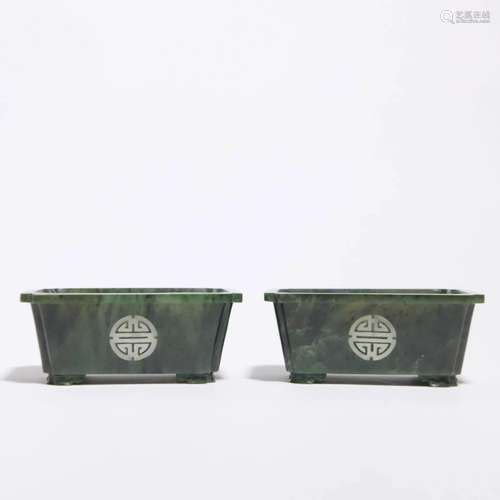 Pair of Spinach Green Jade Longevity Jardinieres