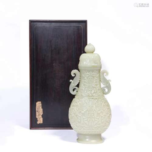 Carved Chinese White Jade Lotus Double Phoenix Eared