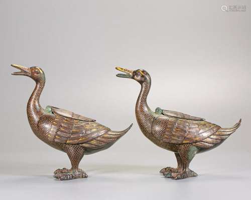 Pair Chinese Silver Inlaid Parcel Gilt Bronze Ducks Han