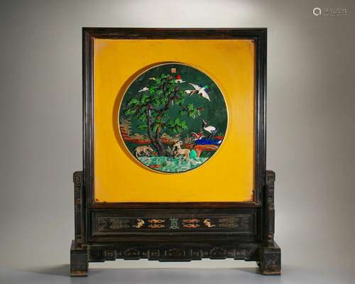 A Chinese Hard-stones Inlaid Rosewood Table Screen Qing