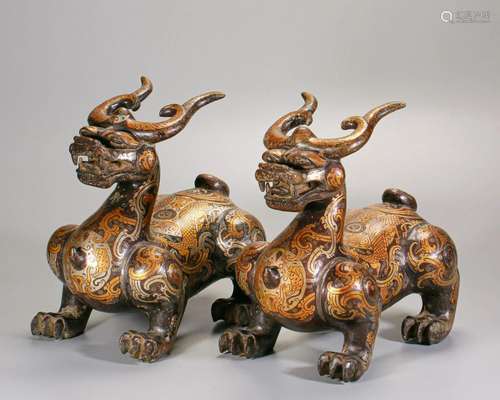 Pair Chinese Silver Inlaid Parcel Gilt Bronze Beasts