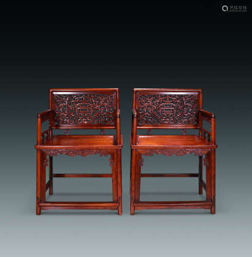 清 红木螭龙纹寿字纹玫瑰椅 （一对）