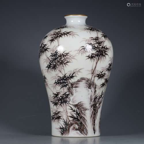 Plum vase with ink color bamboo and stone pattern