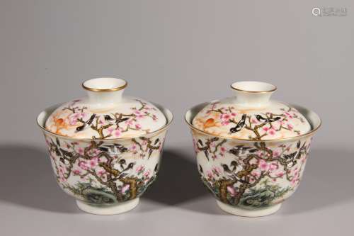 A Pair of Famille Rose Lidded Bowls